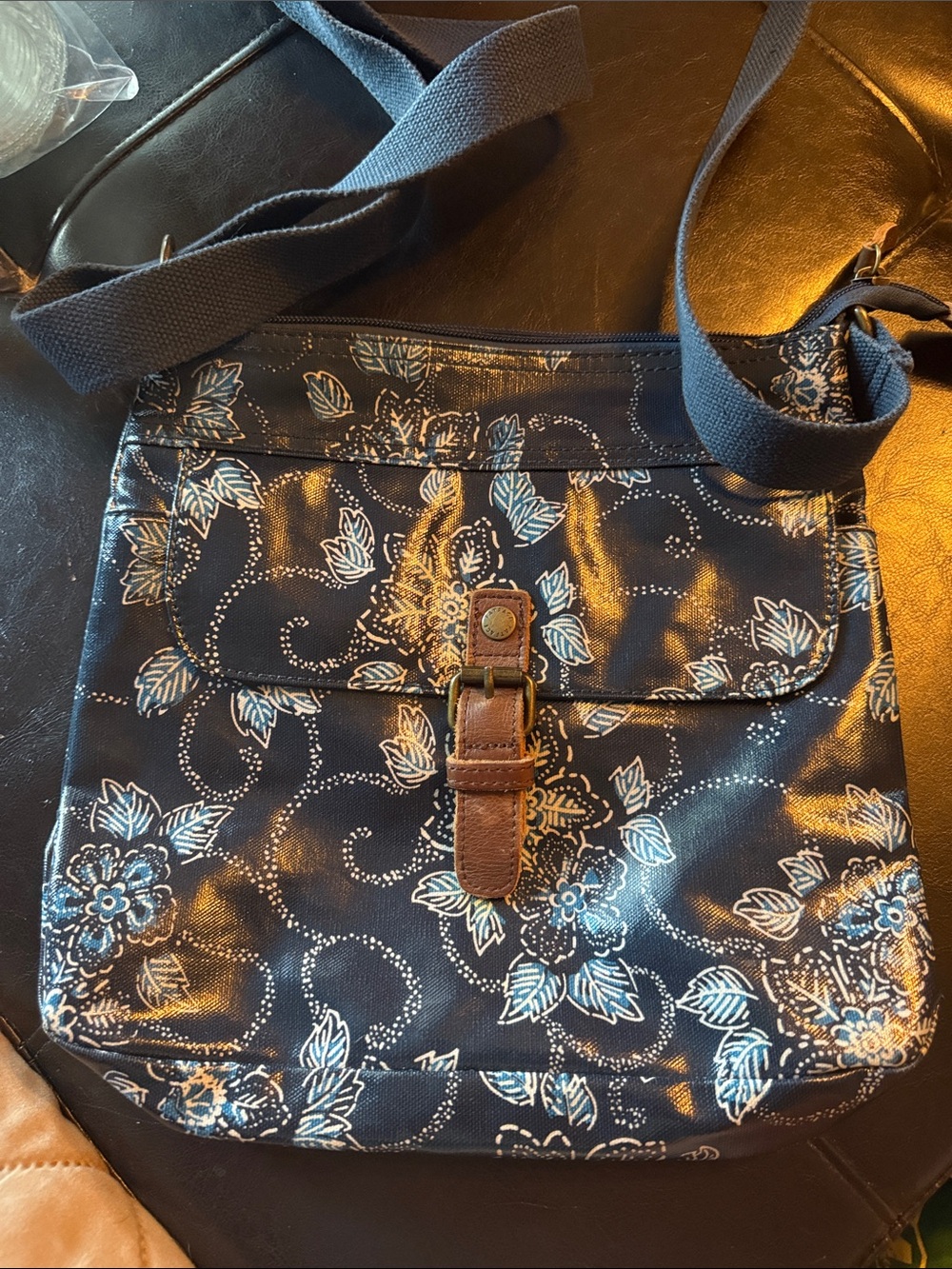 Fat Face Navy Floral coated canvas oil cloth Crossbody with Brown Buckle Detail